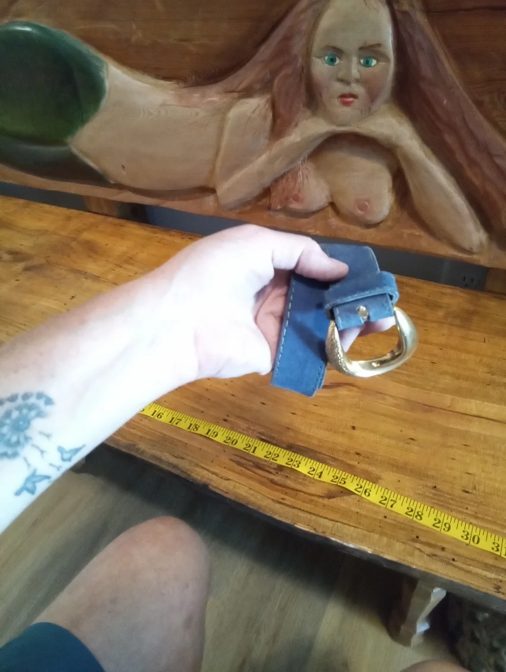 Vintage Blue Faux Suede Leather Belt with Gold-Tone Buckle